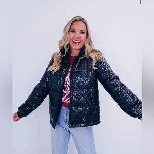 SOUTHERN SPARKLE SEQUIN PUFF JACKET - BLACK